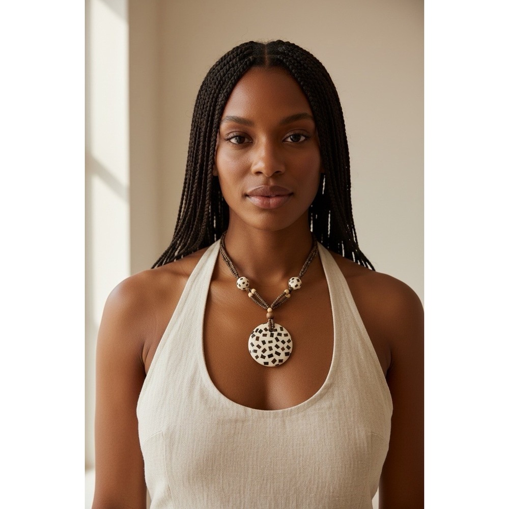 Vintage Y2K BOHO TRIBAL STATEMENT NECKLACE HORN MOSAIC WOOD CHUNKY